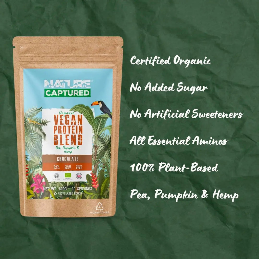 Organic & Raw Vegan Protein Blend (600g) - Chocolate Flavour - Pea, Pumpkin & Hemp Nature Captured Au supplements