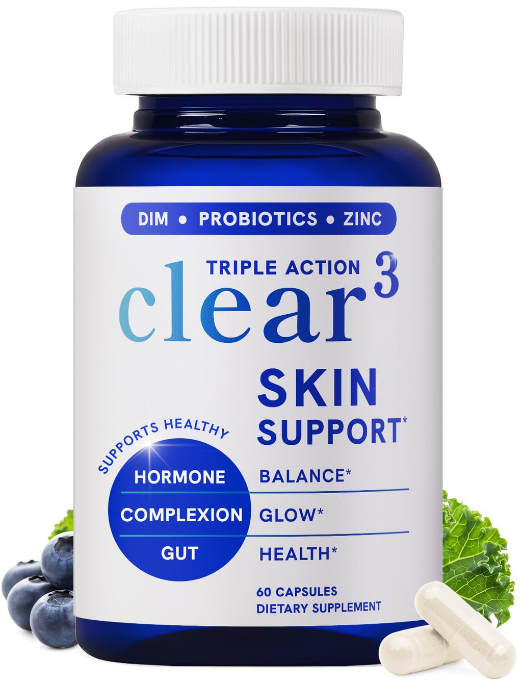 Clear Skin Supplement with Zinc, DIM & Probiotics | 3-in-1 Balance, Glow & Health Skin Support | Triple Action Hyaluronic Acid, Niaciminide & Vitamins for Hormone