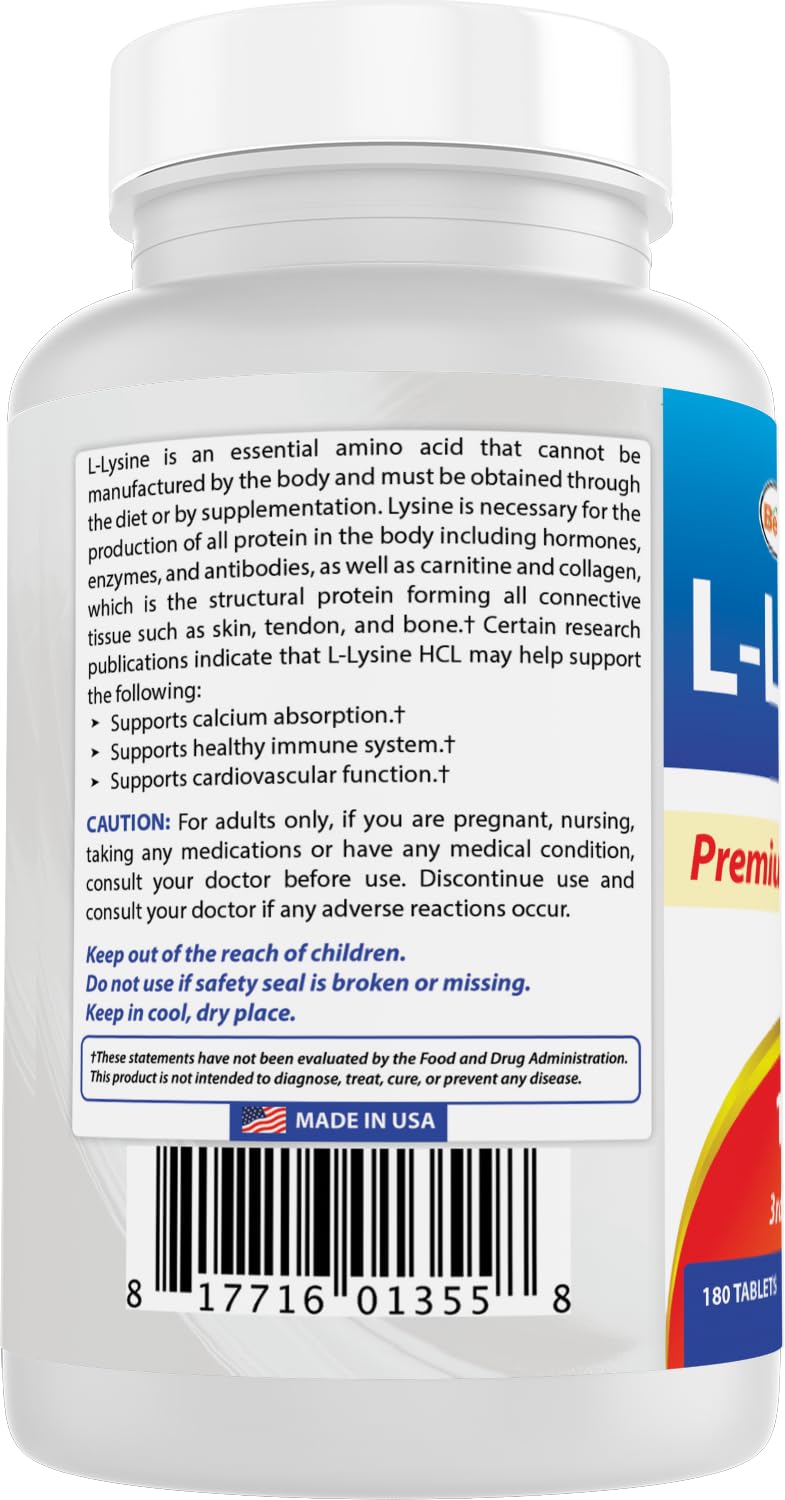 Best Naturals L-Lysine 1000mg 180 Tablets - Double Strength Lysine for stronger immune health & cold sores