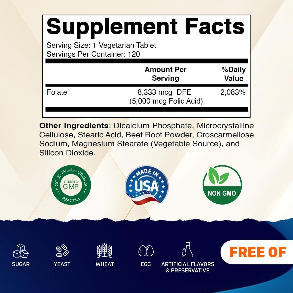 Vitamatic Folic Acid 5mg (5000 mcg) – 120 Vegetarian Tablets High Potency Vitamin B9 (Folate) for Cellular Health