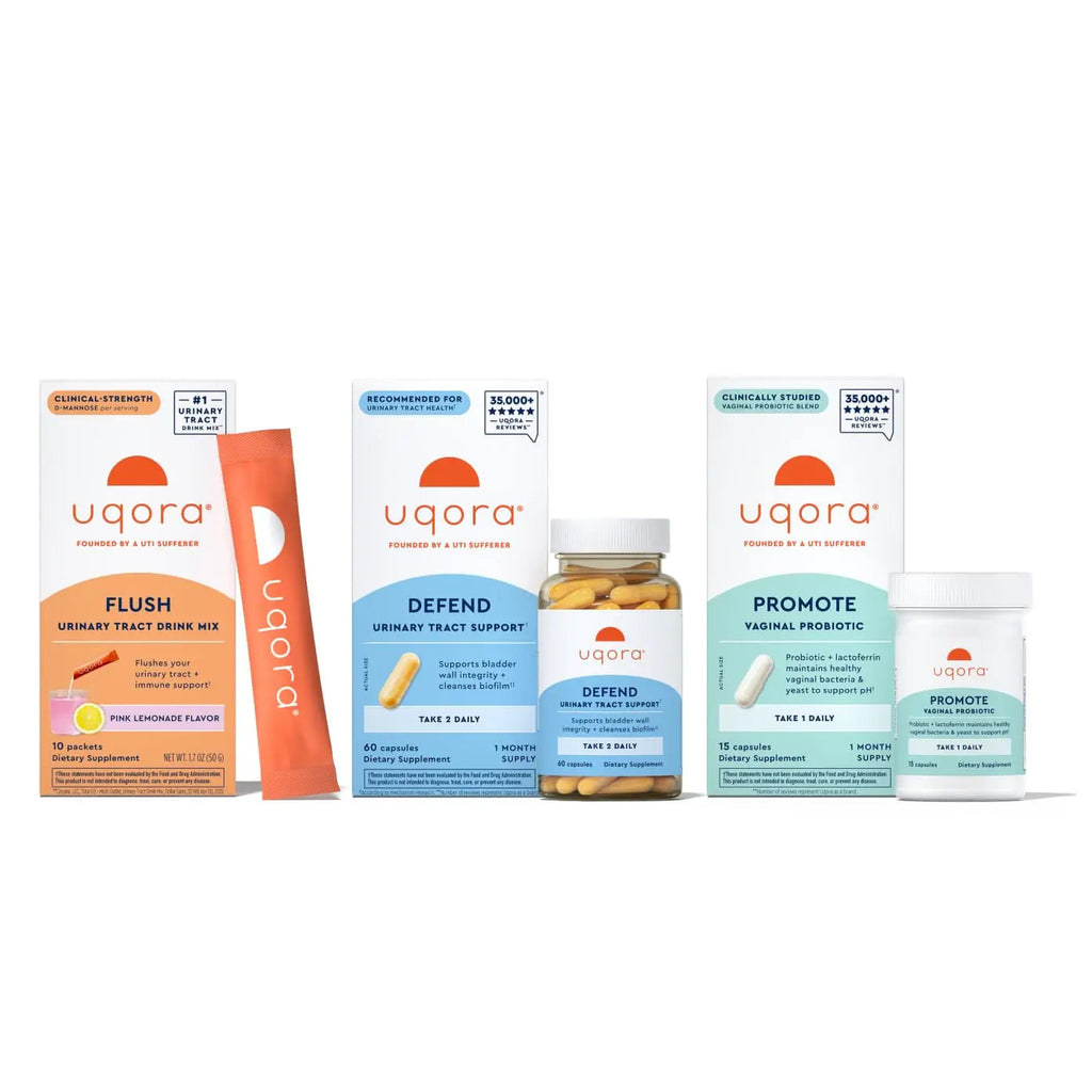 Uqora Complete Regimen with Flush, Defend & Promote - Urinary Tract Support with D-Mannose, Vitamin C, Green Tea Extract, Probiotics & More - Comprehensive Bladder Health Support* - 3-Part Bundle Uqora Au supplements
