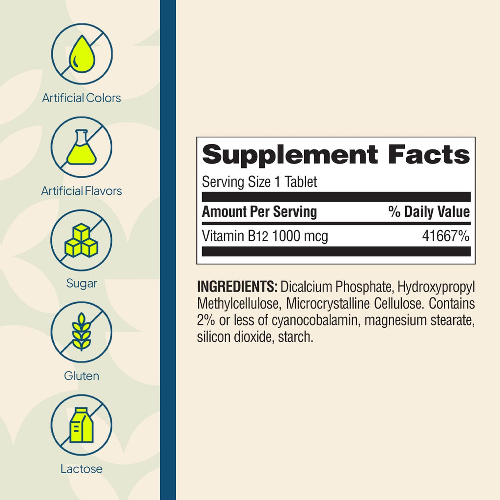 Nature's Wonder Vitamin B12 1000 mcg Timed Release Tablets for Energy Metabolism, Supports Brain Health and Nervous System Health