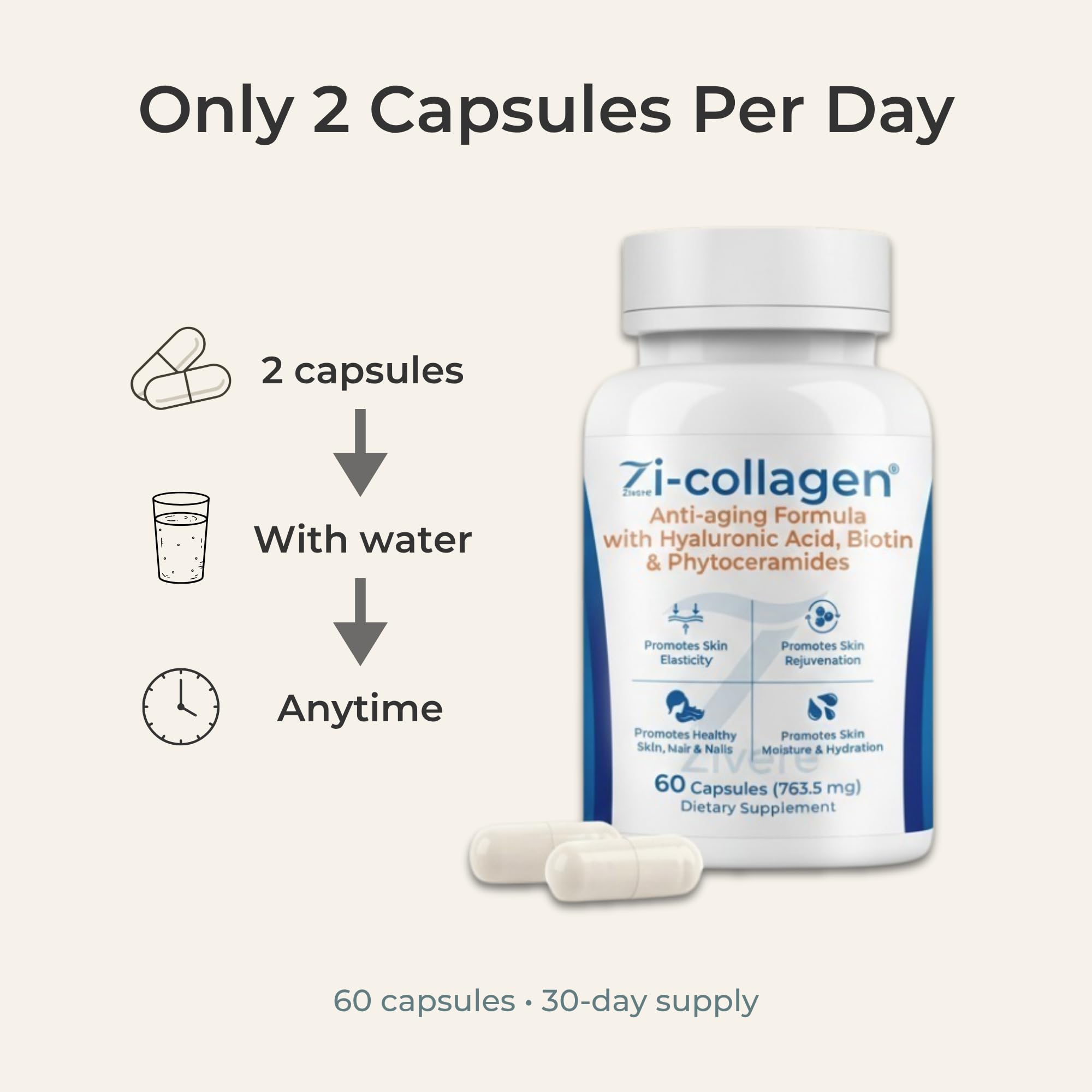 Zi-Collagen Marine Collagen Capsules for Skin, Hair & Nails Support – with Phytoceramides, Hyaluronic Acid, Biotin