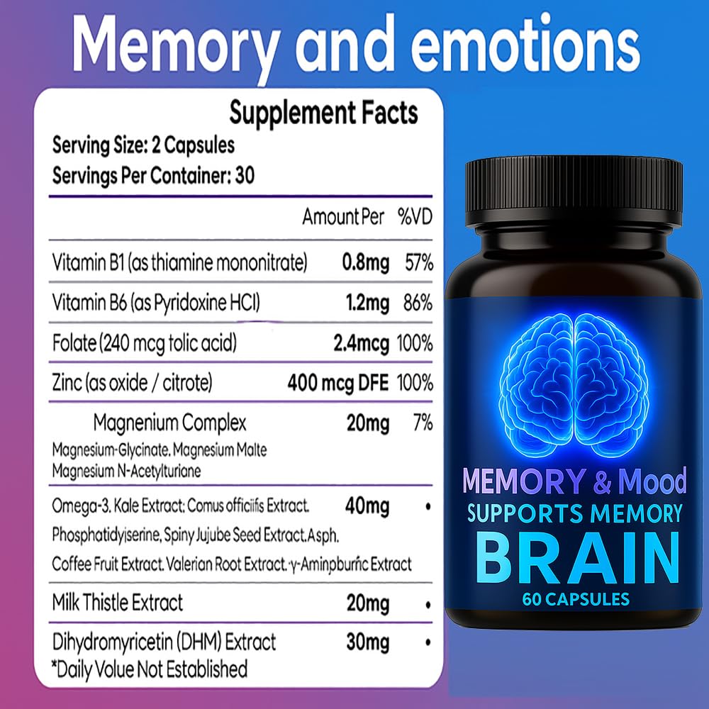 Nootropic Brain Supplements for Memory and Focus, Cognitive Support Formula with B Vitamins, Folate & Dihydromyricetin – Mental Clarity & Daily Performance, 60 Capsules (1) DFTLUUE Au supplements