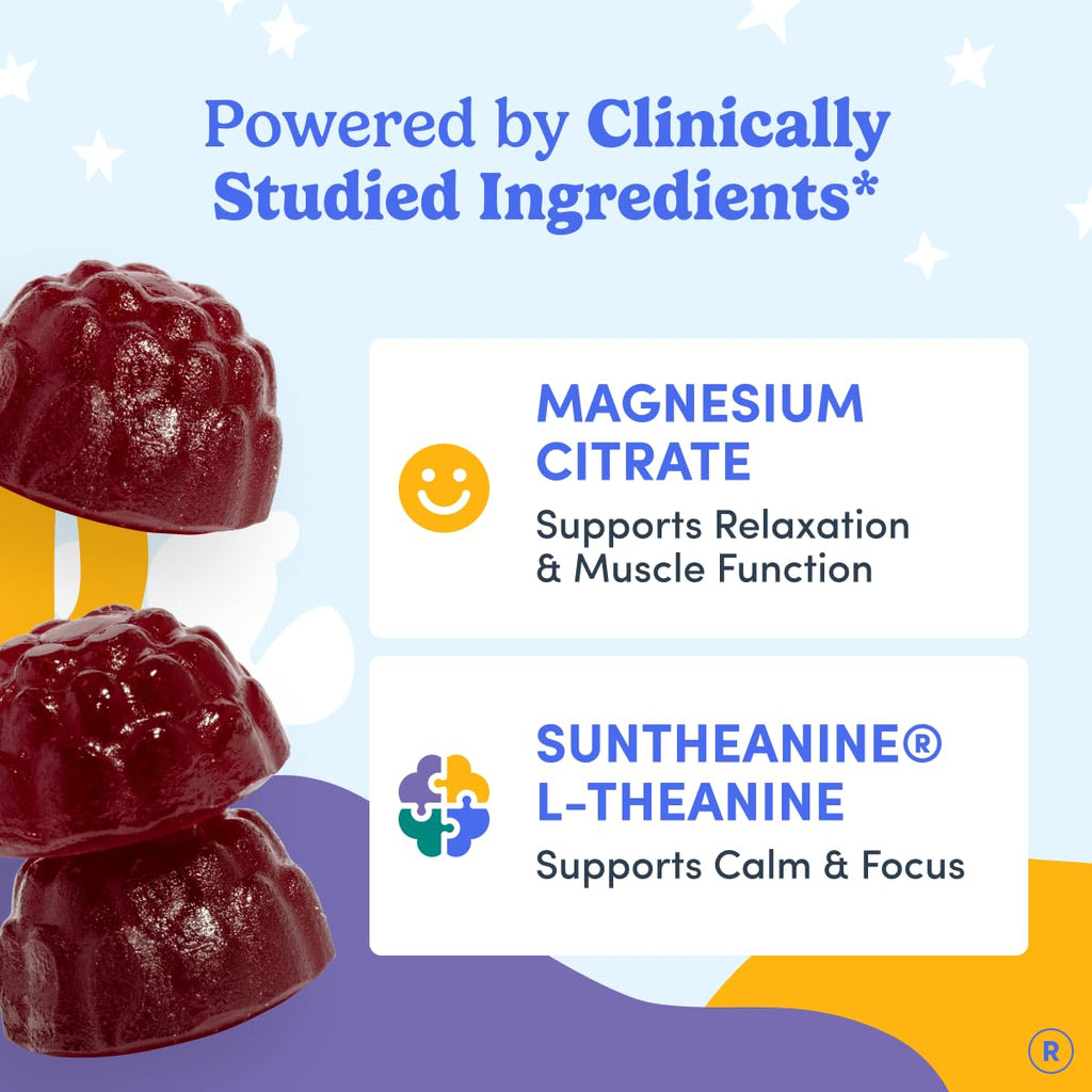 FIRST DAY Kids Magnesium Citrate Gummies (Ages 4+) with No Melatonin | Calm Kids Magnesium Gummies | Bedtime Supplement for Better Sleep with Suntheanine