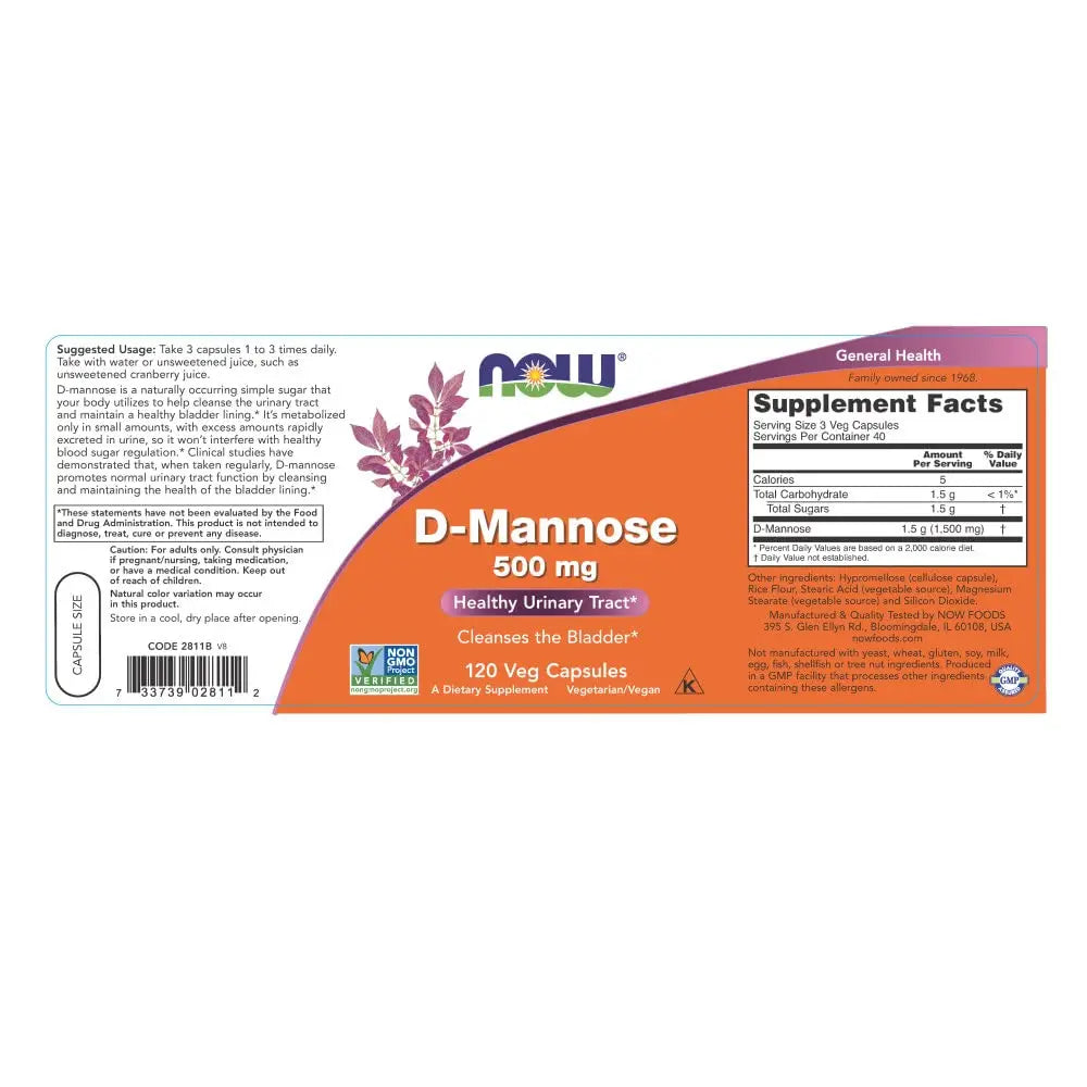 NOW Foods Supplements, D-Mannose 500 mg, Non-GMO Project Verified, Healthy Urinary Tract*, 120 Veg Capsules (Pack of 3) NOW Foods Au supplements