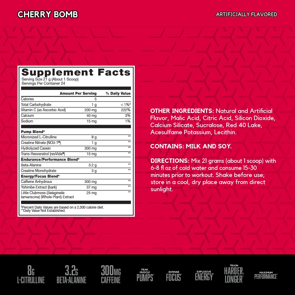 BSN N.O.-XPLODE Vaso Pre Workout Powder with 8g of L-Citrulline and 3.2g Beta-Alanine and Energy, Flavor: Cherry Bomb, 24 Servings