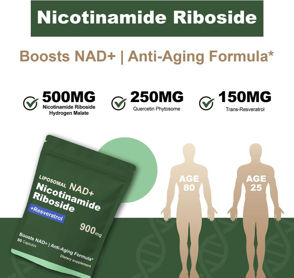 Boqiao NAD+ Supplement - Nicotinamide Riboside & Resveratrol 900mg – Fast-Absorbing Cellular Renewal Capsules for Energy, Anti-Aging & Brain Health – 80 Capsules Boqiao Au supplements