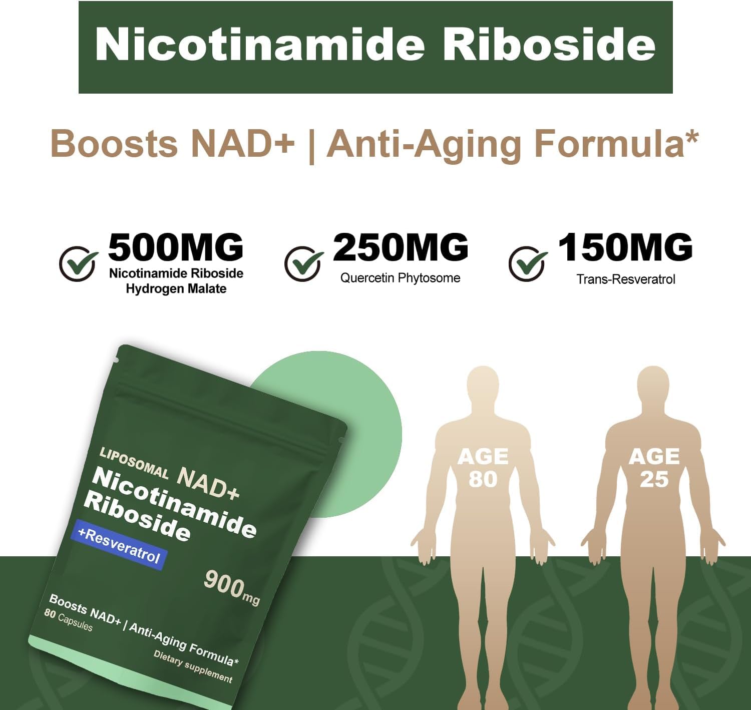 Boqiao NAD+ Supplement - Nicotinamide Riboside & Resveratrol 900mg – Fast-Absorbing Cellular Renewal Capsules for Energy, Anti-Aging & Brain Health – 80 Capsules Boqiao Au supplements