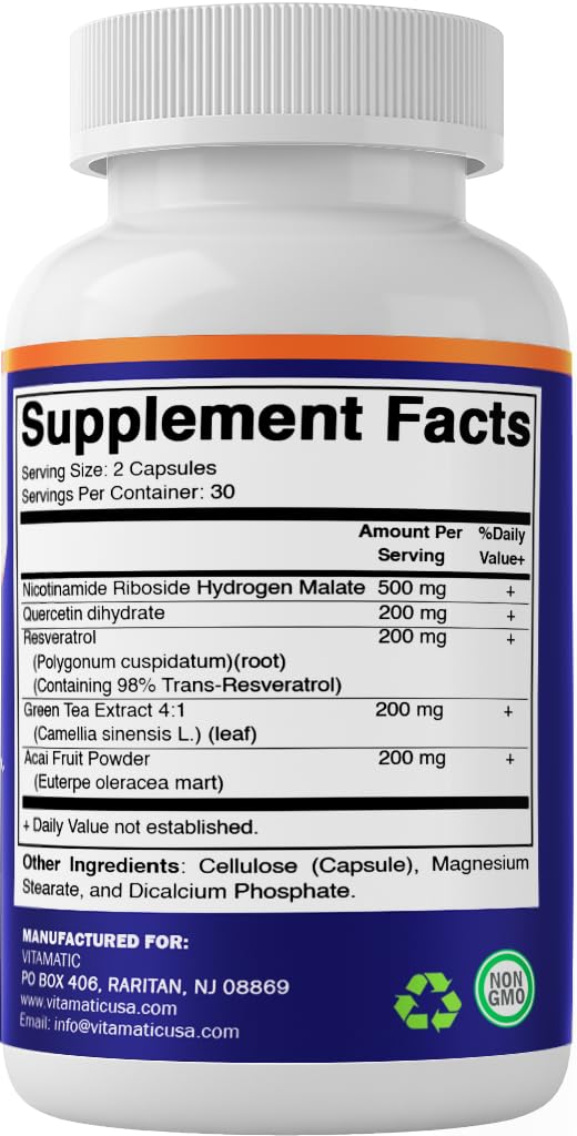 Vitamatic NAD Nicotinamide Riboside Supplement 1300mg 60 Ct - Support Healthy Aging, Cellular Energy Production, Made with Riboside, Quercetin, Resveratrol, Green Tea, & Acai Powder Vitamatic Au supplements