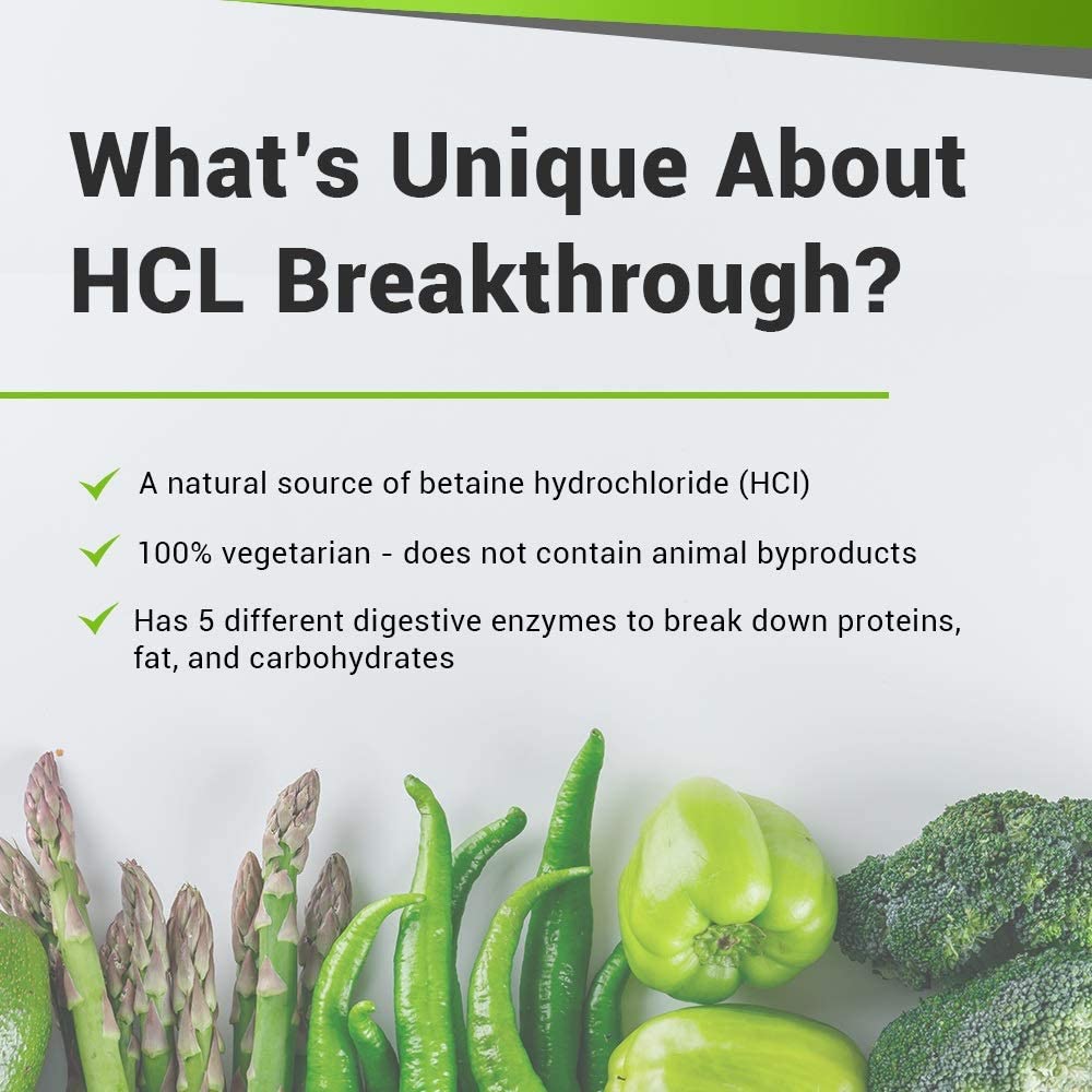 BIOptimizers HCL Breakthrough - Betaine Hydrochloride Enzymes Supplement - Assists with Protein Breakdown and Absorption - Helps Gas and Heartburn Relief