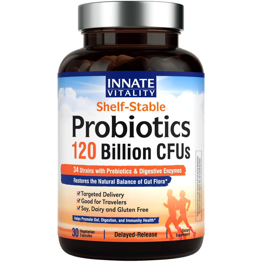 Innate Vitality Probiotics 120 Billion CFUs for Men & Women, 34 Strains with Prebiotics & Digestive Enzymes, Immune & Digestive Health