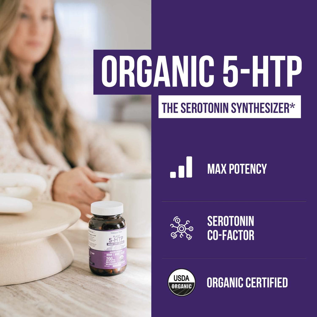 Organic 5-HTP - 200 mg | 99% 5HTP Concentration, Plus Cofactor Vitamin B6 & Lion’s Mane | Water Extracted from Organic Griffonia Seeds | Supports Mood