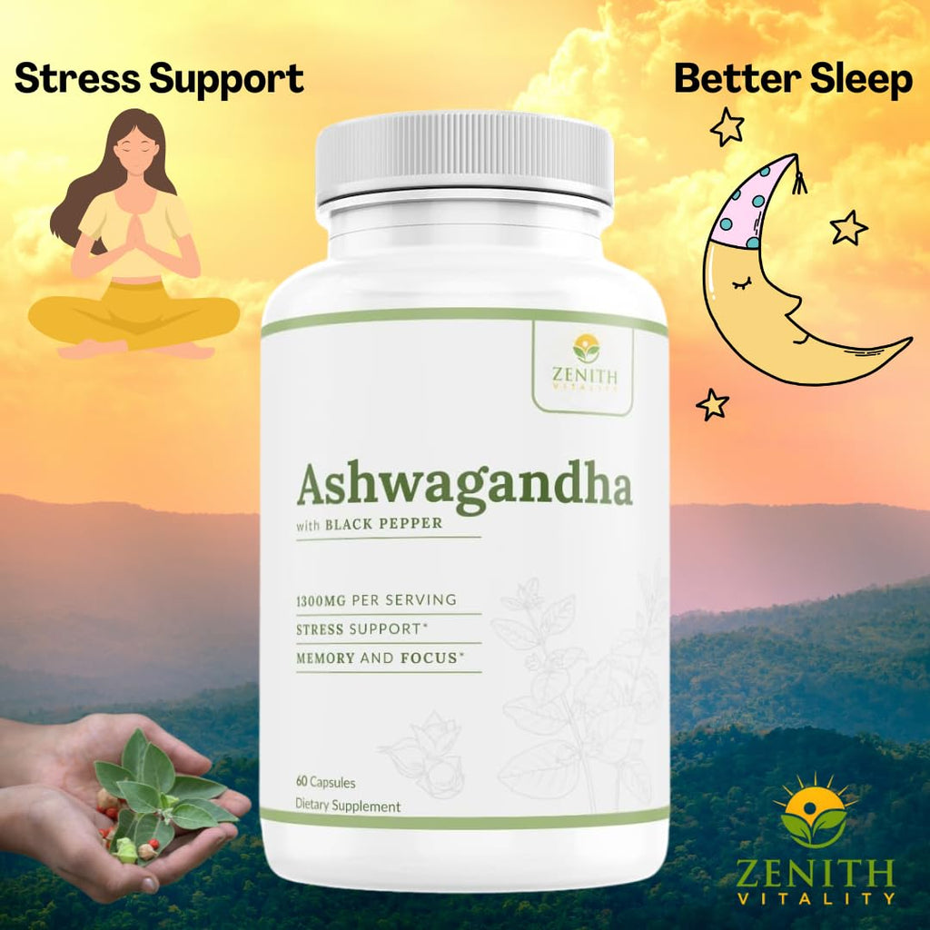 Zenith Vitality Ashwagandha 1300mg Capsules – Stress Relief & Cortisol Support, Immune & Energy Boost, Mental Clarity, Herbal Adaptogen Supplement – 60 Count Zenith Vitality Au supplements