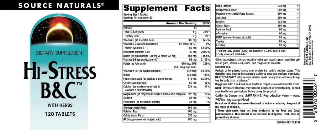 Source Naturals Hi-Stress B&C with Herbs - 120 Tablets Source Naturals Au supplements