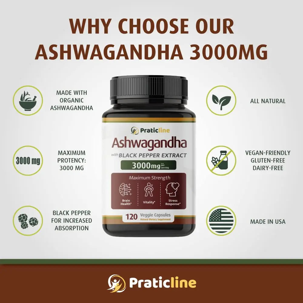 PRATIC LINE Ashwagandha Capsules 3,000 mg - 120 Vegan Cap Made with Organic PRATIC LINE Au supplements