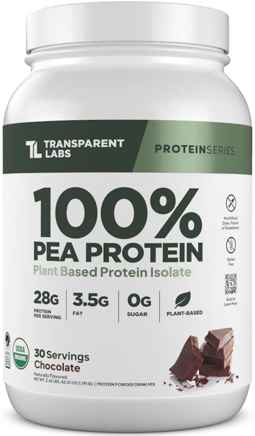 Transparent Labs 100% Pea Protein Powder - 28g Organic Plant Protein per Serving, Clean Pea Isolate Powder, USDA Organic, Vegan, Gluten-Free, Sugar-Free, Non-GMO - 30 Servings, Chocolate