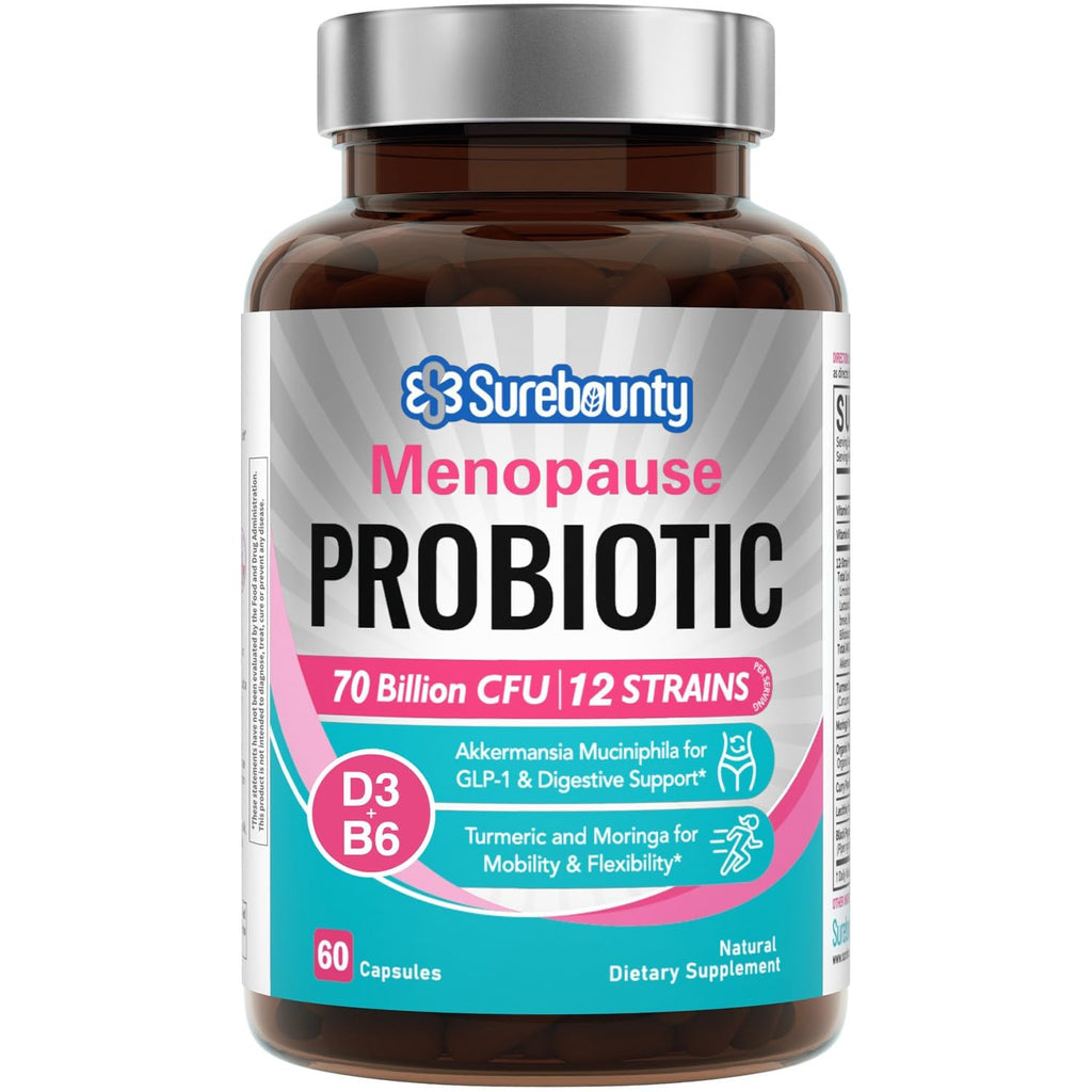 Surebounty Menopause Probiotic Supplement for Women, 70 Billion CFU, with Akkermansia Muciniphila, Vitamins B6 & D3, Botanicals, for Hormone Balance, Hot Flashes, Night Sweats, Gut Health, 60 Capsules Surebounty Au supplements