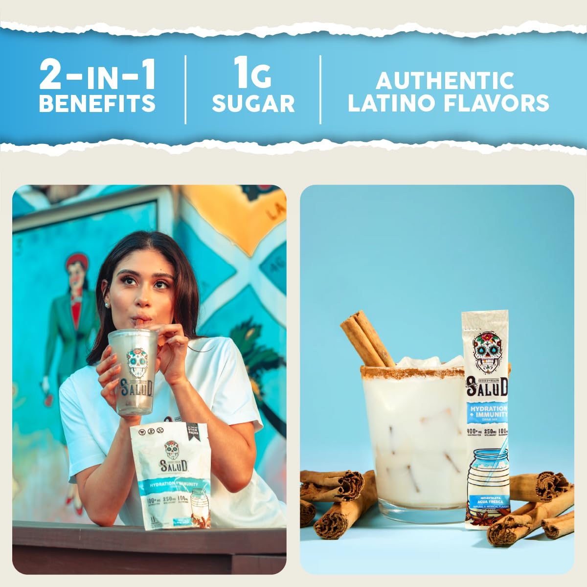 Salud 2-in-1 Hydration Packets + Immunity Electrolytes Powder, Horchata - Agua Fresca Drink Mix, Elderberry, Dairy & Soy Free, Non-GMO, Gluten Free, Vegan