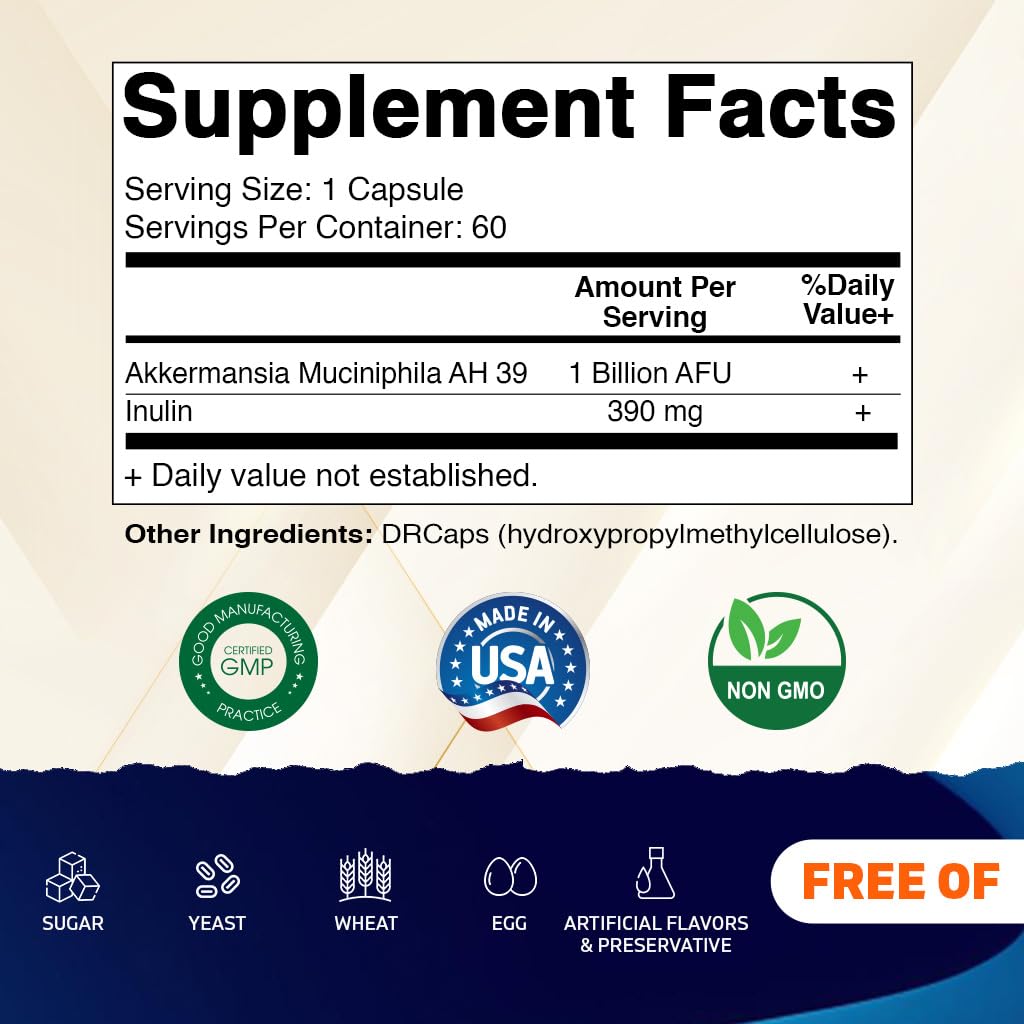 Vitamatic Akkermansia Muciniphila Gut Health - 60 DR Capsules (Delayed Released) - Made with Prebiotic Inulin Fiber