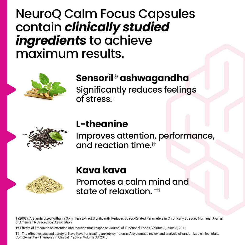 LifeSeasons NeuroQ Calm Focus Capsules - Stress Relief Supplement - Supports Mental Function & Relaxation - Sensoril Ashwagandha, Magnesium, GABA, L-Theanine, Andean Cocoa & Kava Kava - 60 Capsules LifeSeasons Au supplements
