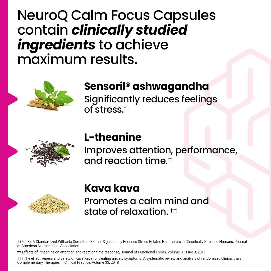 LifeSeasons NeuroQ Calm Focus Capsules - Stress Relief Supplement - Supports Mental Function & Relaxation - Sensoril Ashwagandha, Magnesium, GABA, L-Theanine, Andean Cocoa & Kava Kava - 60 Capsules LifeSeasons Au supplements