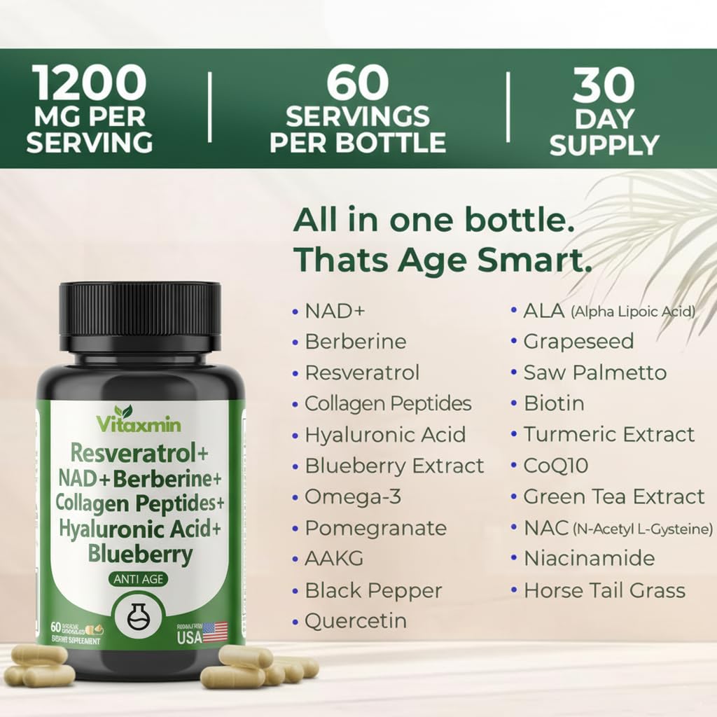 vitaxmin NAD Resveratrol Supplement 200mg with Berberine NAC Collagen - Nicotinamide Riboside NMN NADH CoQ10 Biotin Hyaluronic Acid - Hair Skin Nails Supplement - 60 Capsules vitaxmin Au supplements
