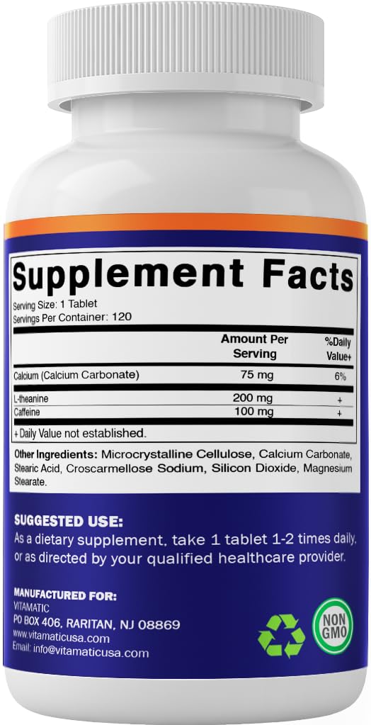 Vitamatic L-Theanine 200mg with Caffeine 100mg – 120 Vegetarian Tablets Nootropic Supplement for Focused Energy & Mental Clarity Vitamatic Au supplements