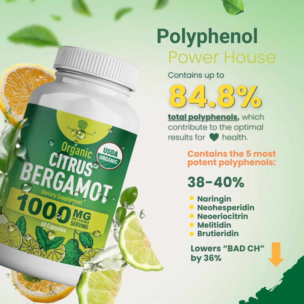 Organic Citrus Bergamot Supplement - Only USDA, Cardiologist Formulated with 200+ Scientific Studies -1000mg - Patented Extract, Heart, Cholesterol,
