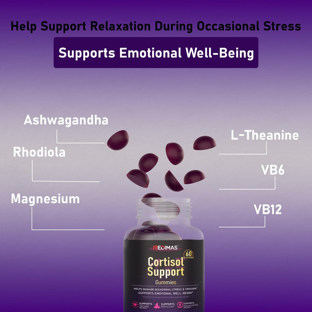Redimas Cortisol Gummies for Women & Men with Ashwagandha, Magnesium, L-Theanine and Multivitamin, Vegan Chewable Gummies for Daily Lifestyle Balance, Convenient Adult Supplement, 60 Count Redimas Au supplements