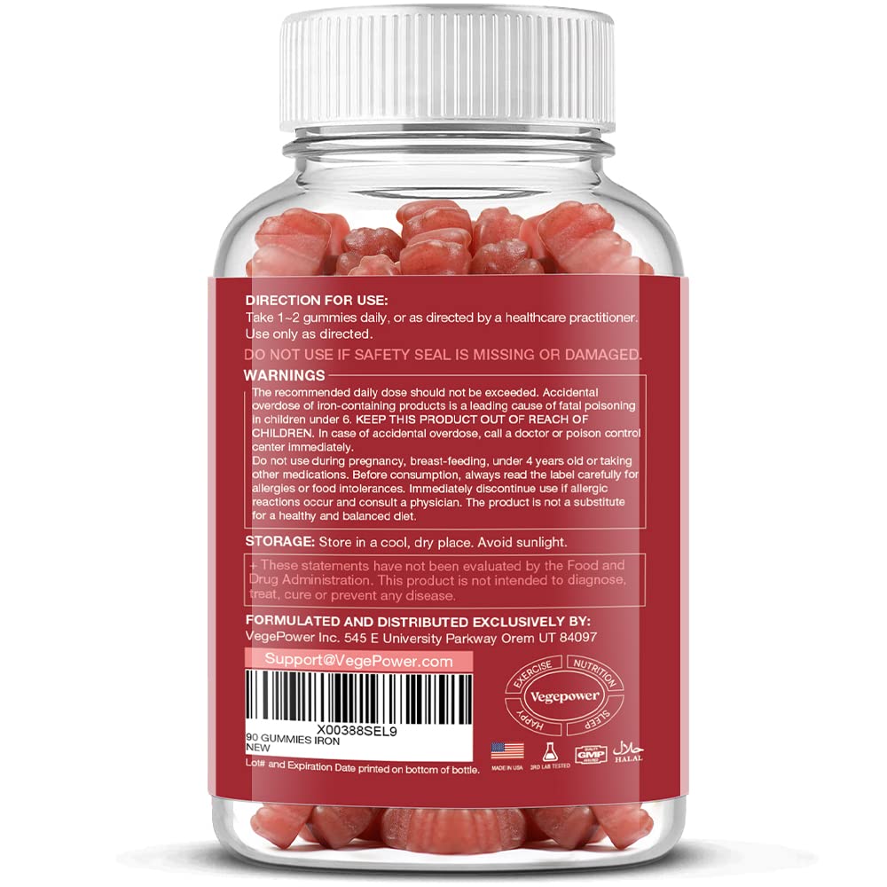 Vegan Iron Gummies Supplement - with Vitamin C, A, B-Complex, Folate, Zinc for Adults & Kids - Health Blood & Energy Support for Iron Deficiency,