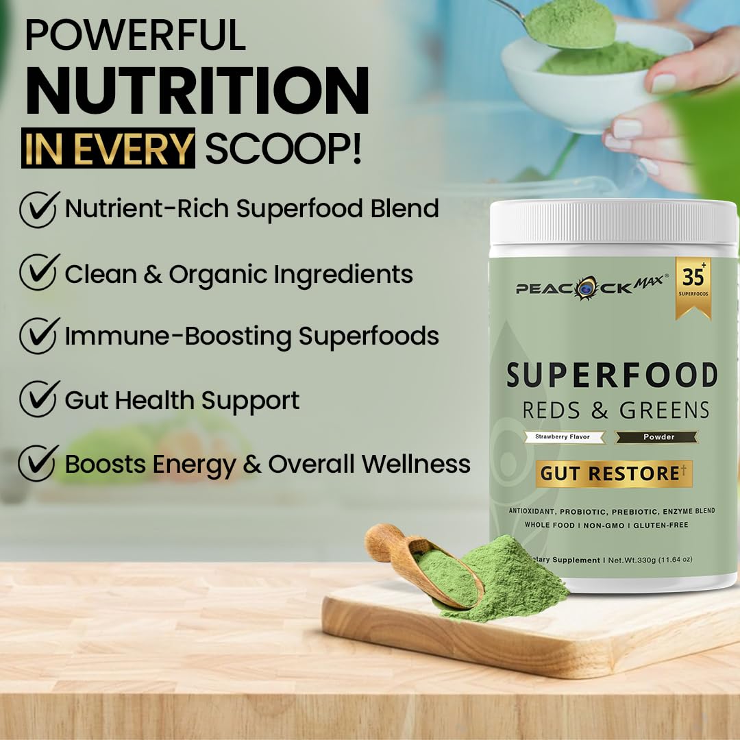 Superfood Reds & Greens Powder - 11.64 oz, Prebiotics & Probiotics for Digestive Health, Super Greens Powder with Ashwagandha for Gut Health, Immunity, Antioxidants,