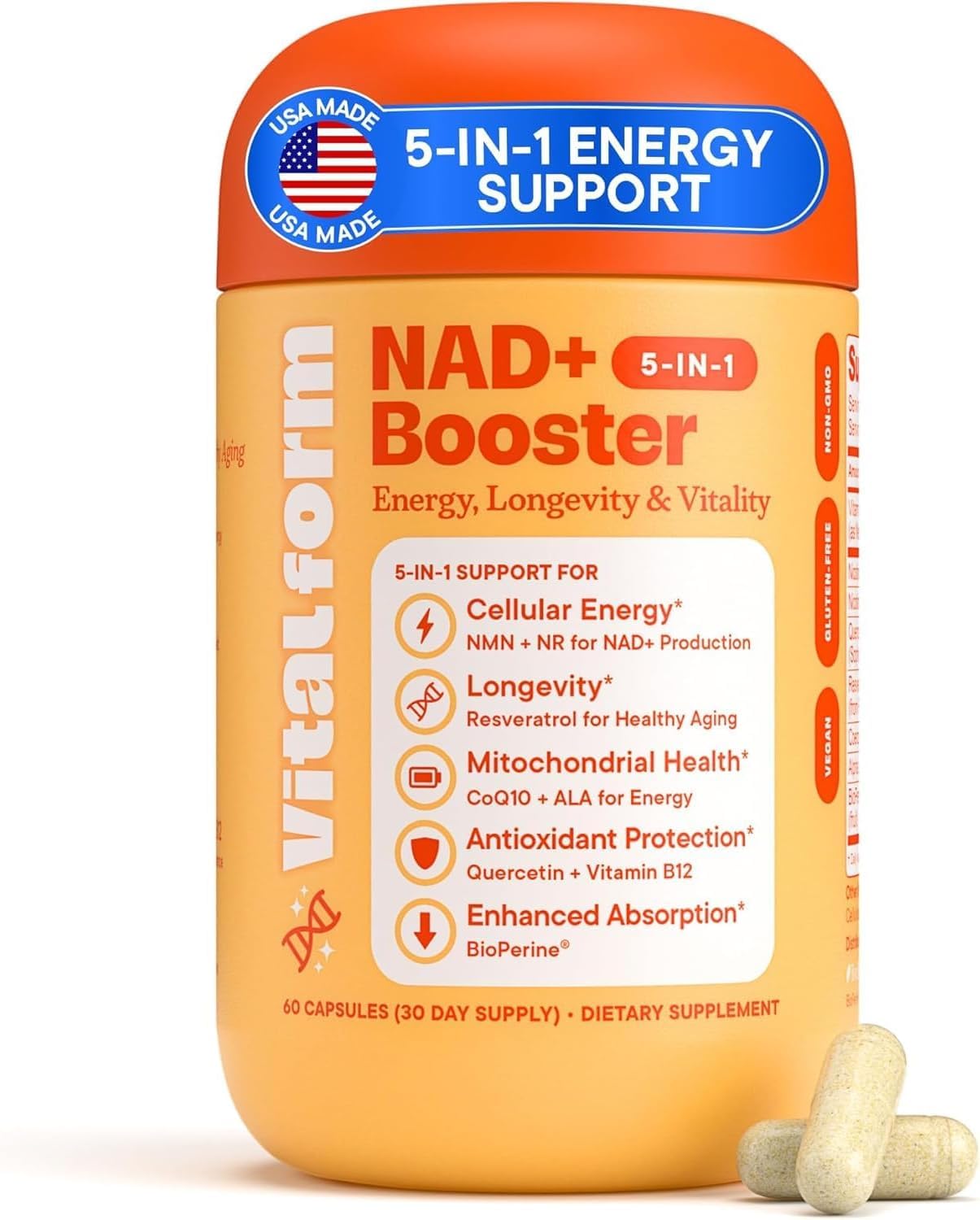 VitalForm NAD+ Supplement with NMN & Nicotinamide Riboside (NR) – Advanced Cellular Energy & Healthy Aging Complex – with Resveratrol, CoQ10, Quercetin & BioPerine – 60 Vegan Capsules VitalForm Au supplements