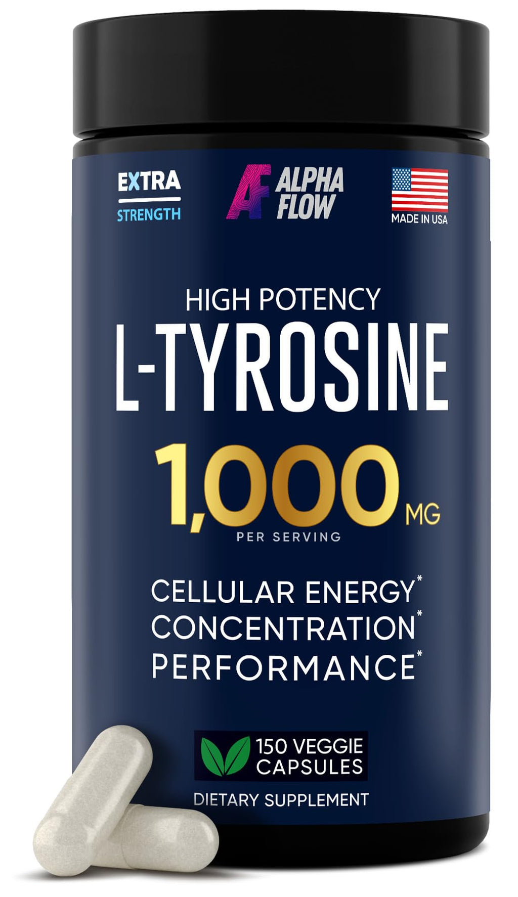 Alpha Flow L Tyrosine 1000MG Capsules - All-Natural L- Tyrosine Supplement for Focus & Energy Boost - Non-GMO & Gluten-Free