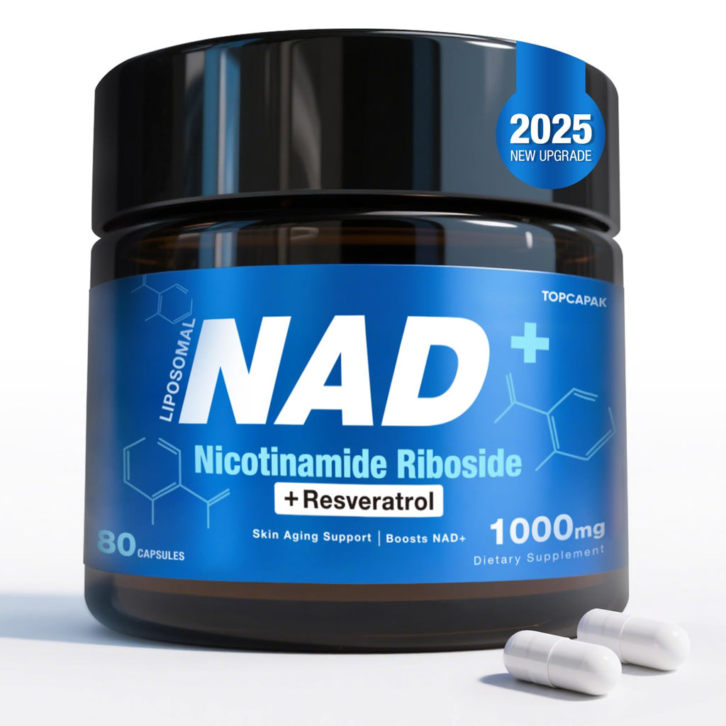 TOPCAPAK NAD+ Supplement - NAD Nicotinamide Riboside Resveratrol, Liposomal NAD+ Supplement 1000mg for for Women & Men - Healthy Aging, Brain and Cellular Energy, Non-GMO, 80 Capsules TOPCAPAK Au supplements