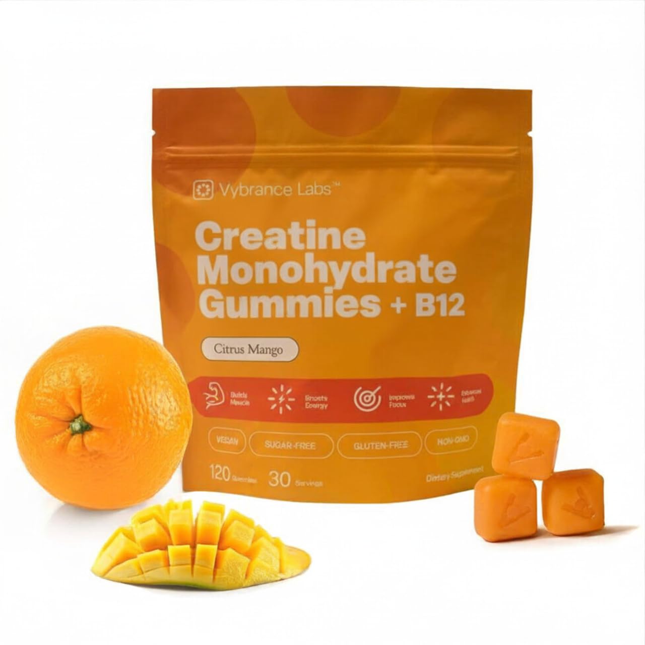 VYBRANCE LABS Creapure Creatine Gummies 5g + Taurine & B12 - Sugar-Free, Vegan, Gluten-Free - Citrus Mango - 120 Count (30 Servings) for Strength, Energy & Focus VYBRANCE LABS Au supplements