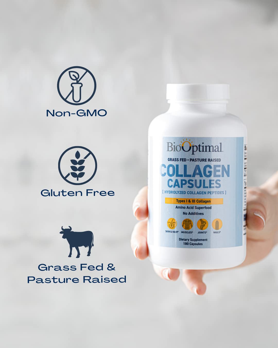 BioOptimal Collagen Peptides Capsules - Grass-Fed, Pasture-Raised Hydrolyzed Protein S]n-GMO, Zero Sugar Daily Pills for Men & Women (180 Capsules)