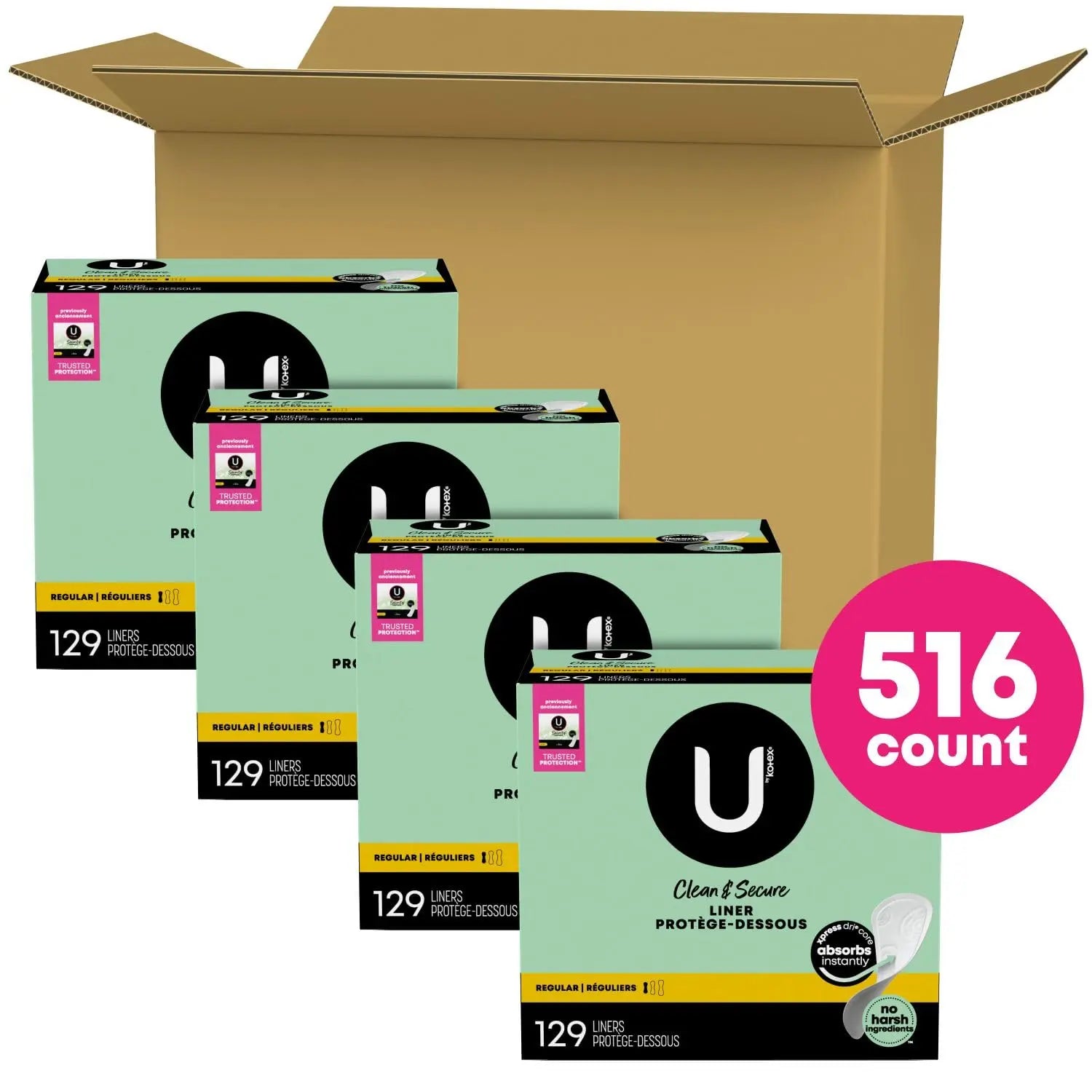 U by Kotex Clean & Secure Panty Liners, Light Absorbency, Regular Length, 516 Count U by Kotex Au supplements