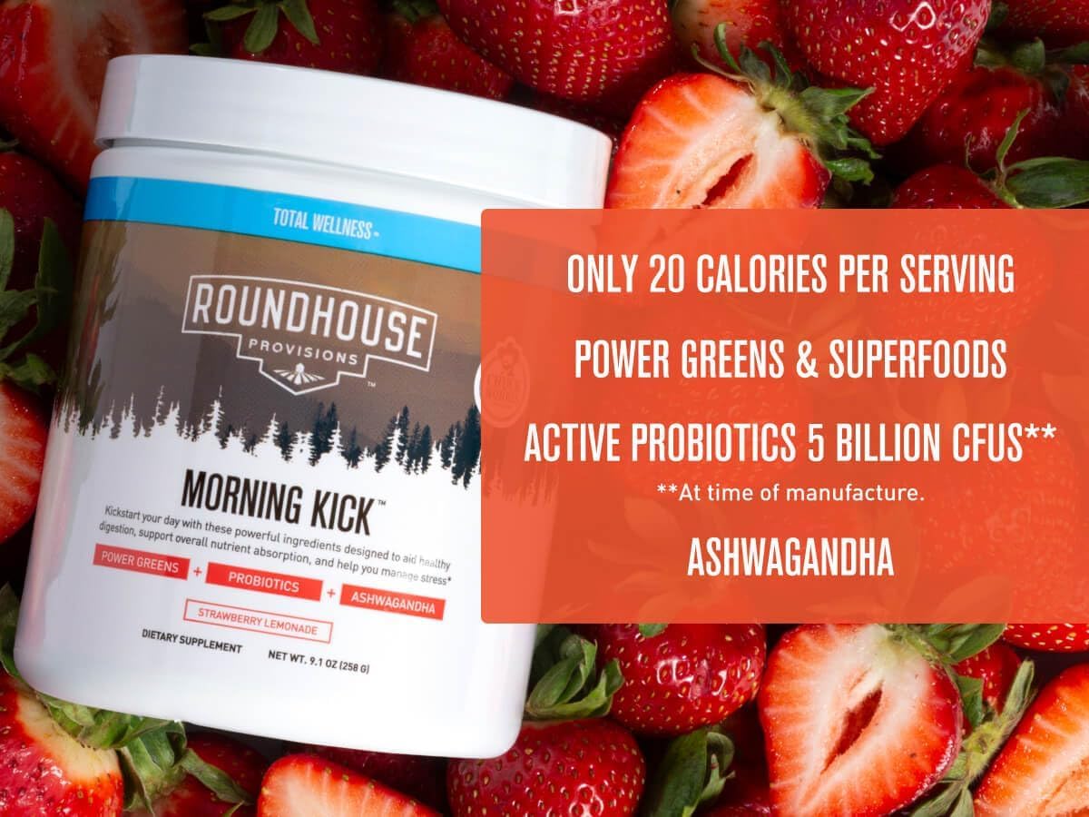 ROUNDHOUSE PROVISION Morning Kick, Zero Sugar Greens Superfood Powder Supplement with Ashwagandha, Collagen, Probiotics, Debloat Drink