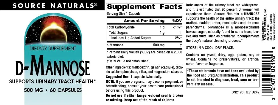 Source Naturals D-Mannose, Potent Urinary Tract & Bladder Health Support*, 500mg - 60 Capsules Source Naturals Au supplements