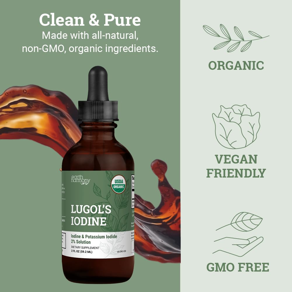 Organic Lugol's Iodine, Iodine and Potassium Iodide 2% Solution 3000 mcg - Liquid Supplement Drops for Thyroid Support for Women & Men, Metabolism Health
