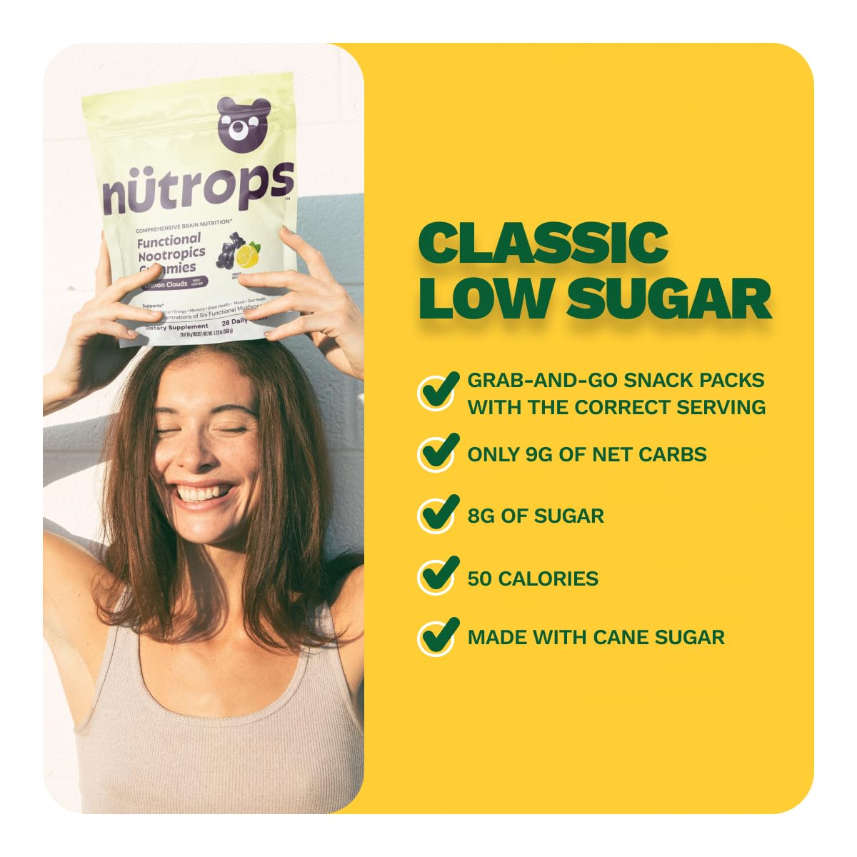 Nutrops Lions Mane Mushroom Gummies for adults, Functional Nootropics, Herbal Brain Supplement for Energy, Brain Health, Cognitive, Memory & Focus, Reishi, Chaga, Cordyceps, Coriolus, 28 daily Packs Grüns Au supplements