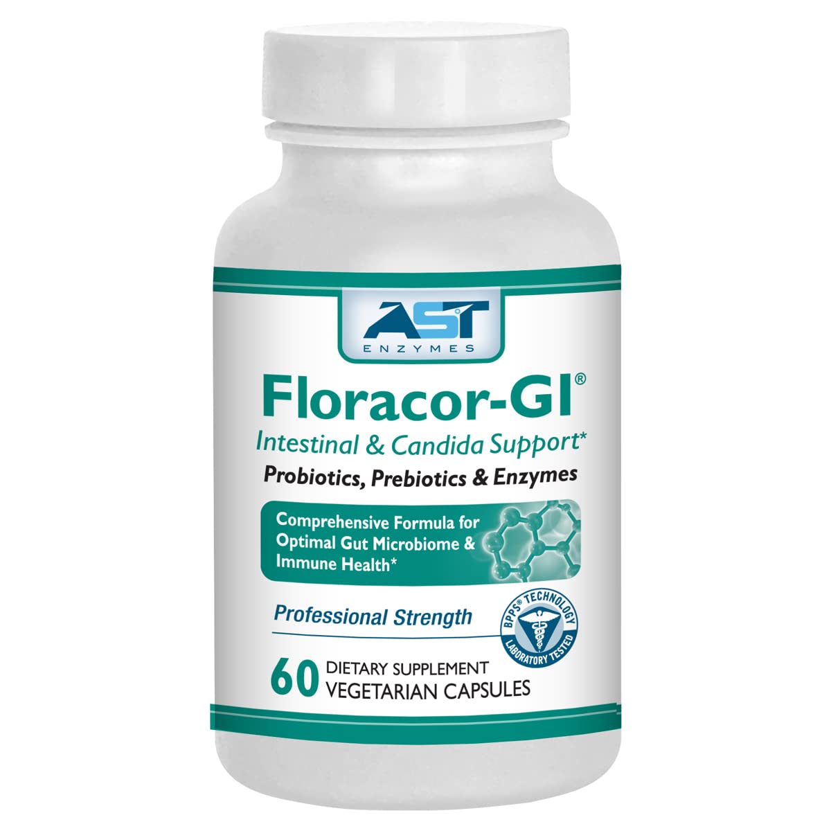 AST Enzymes Floracor - Supports Gut & Intestinal Health - Premium Probiotic, Prebiotic and Enzyme Formula - 60 Vegetarian Capsules