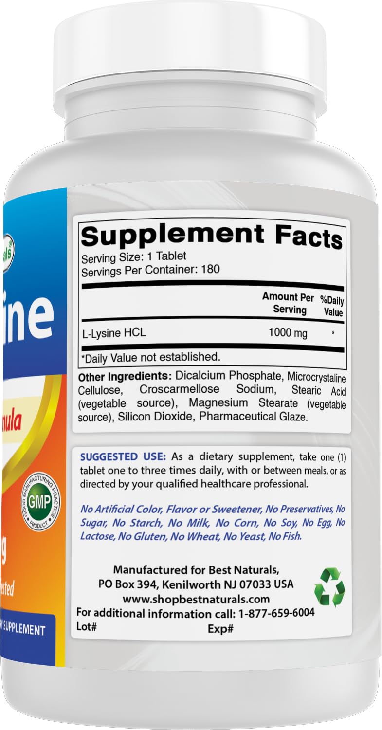 Best Naturals L-Lysine 1000mg 180 Tablets - Double Strength Lysine for stronger immune health & cold sores