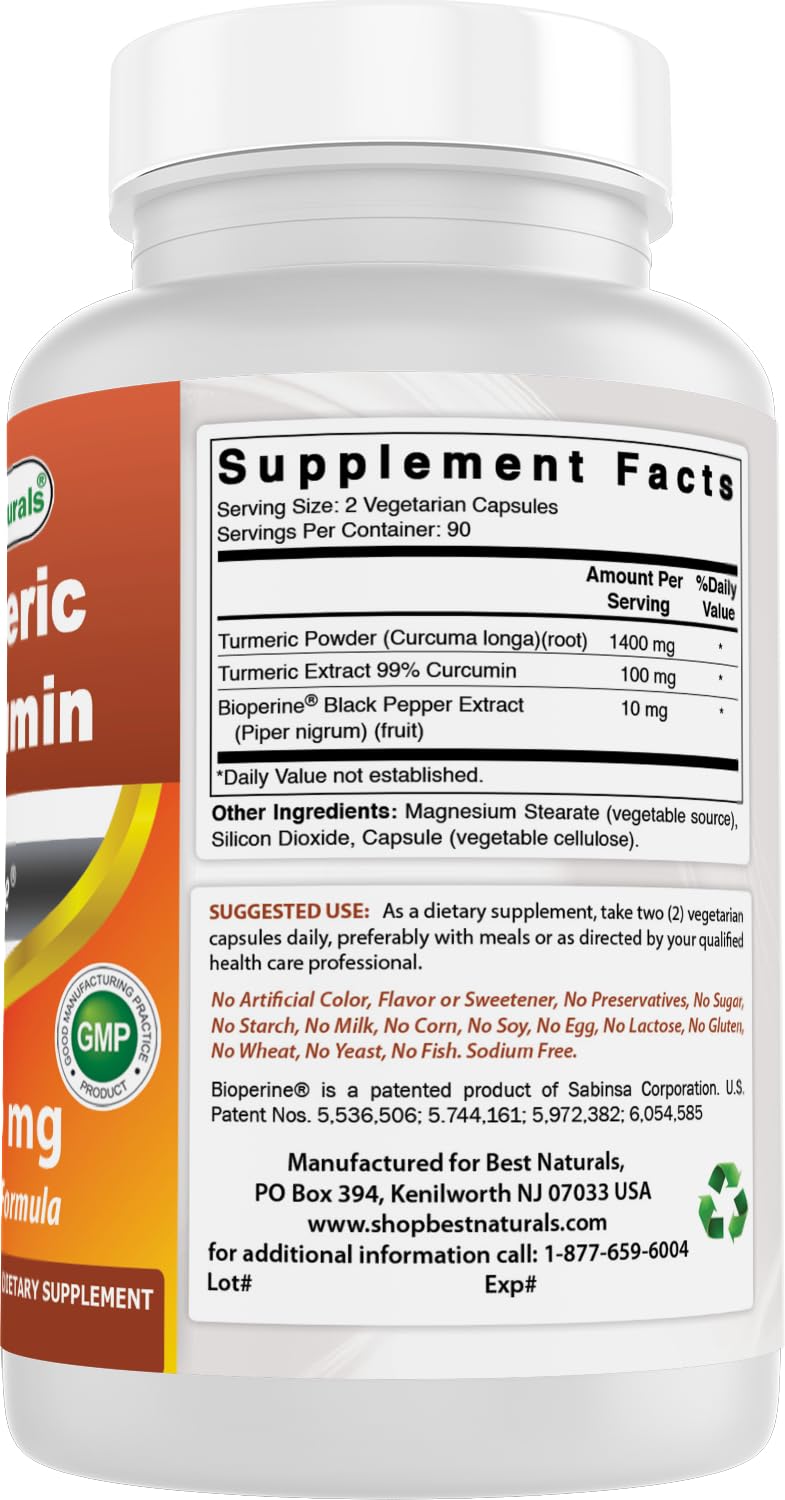 Best Naturals Turmeric Curcumin 1500mg/Serving with Bioperine - 180 Veggie Capsules