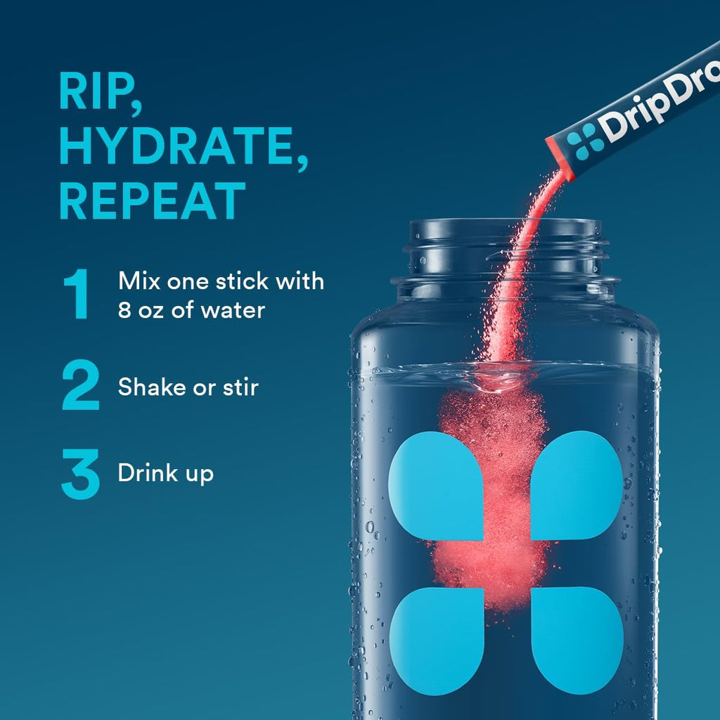 DripDrop Hydration Packets - Juicy Variety Pack - Single Serve Electrolytes Powder Drink Mix - Grape, Fruit Punch, Strawberry Lemonade, Cherry