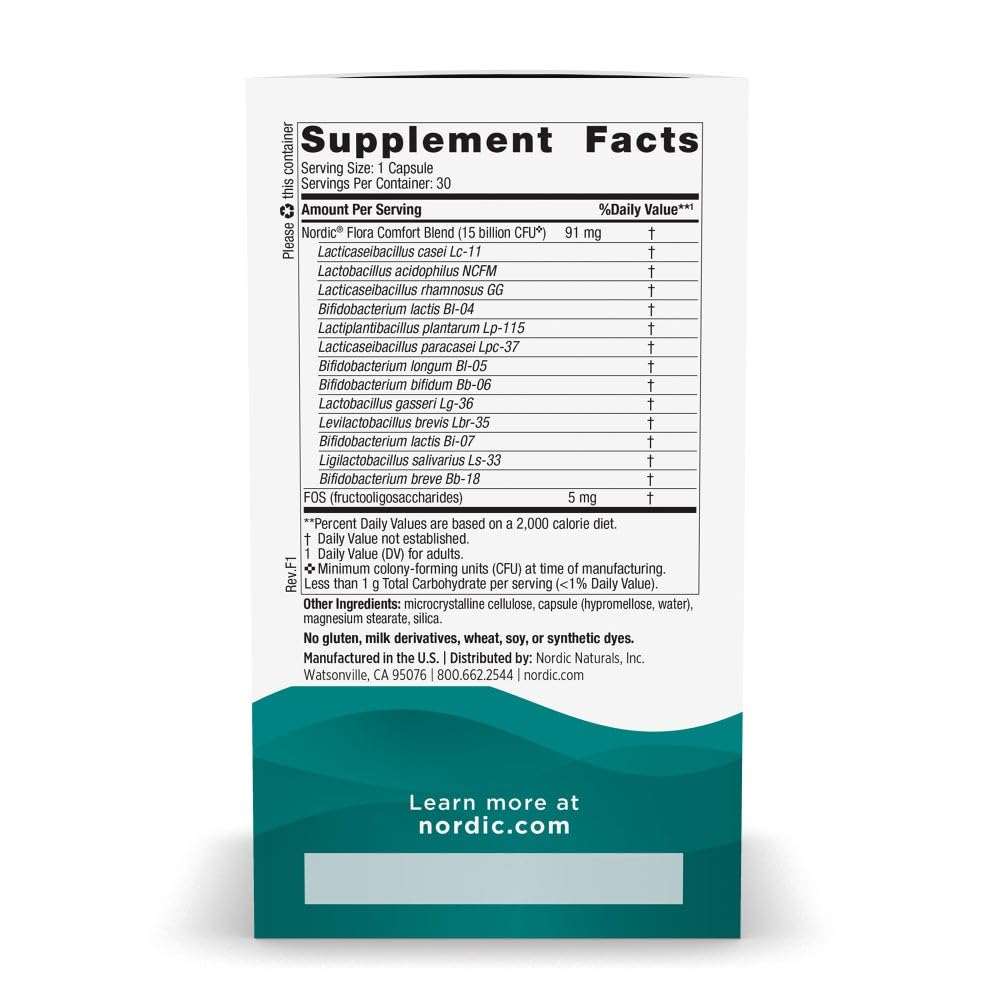 Nordic Naturals Nordic Flora Probiotic Comfort - 30 Capsules - 13 Probiotic Strains w/ 15 Billion Cultures - Supports Regularity & Digestive Comfort, Alleviates Bloating