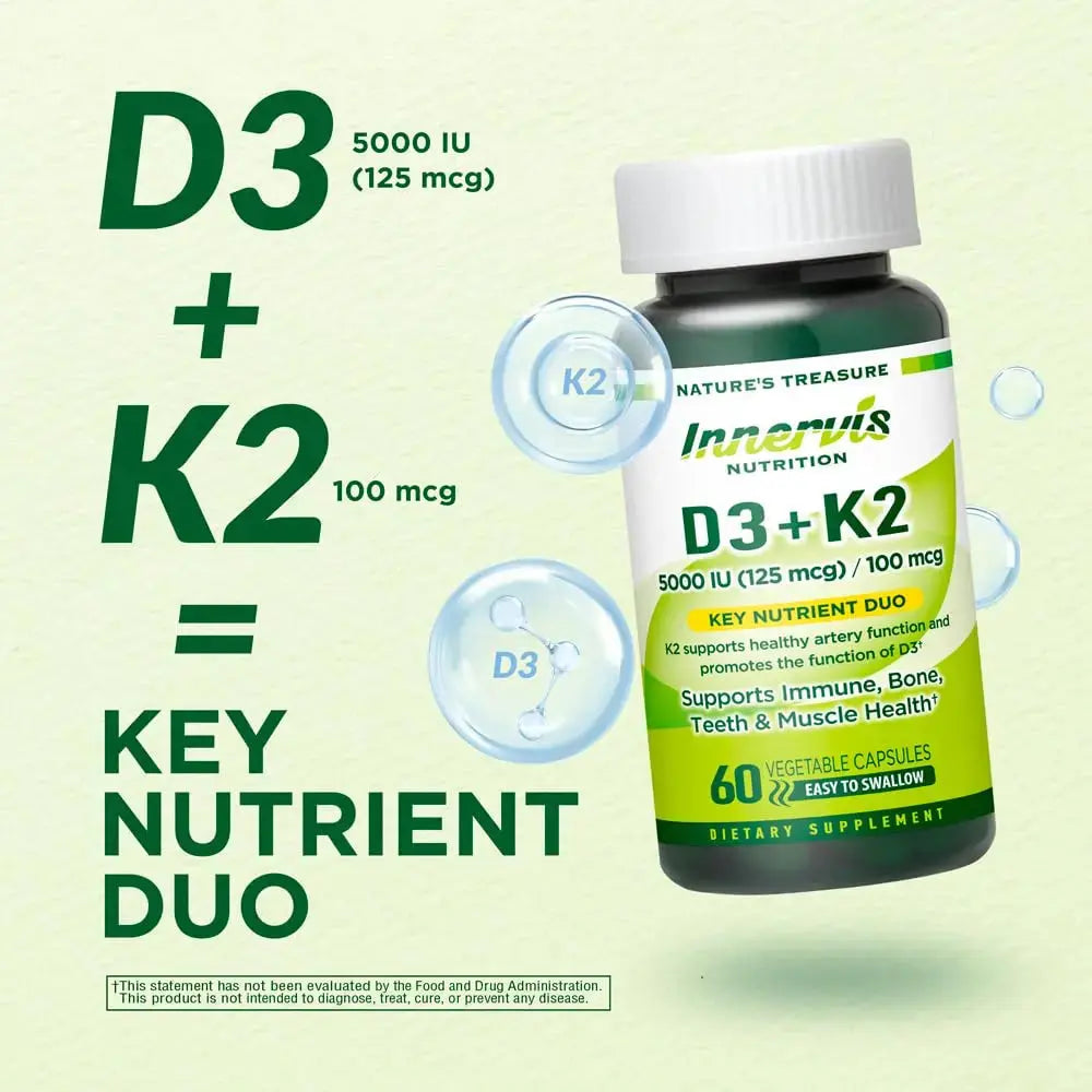 INNERVISNUTRITION Vitamin D3 5000 IU + K2 MK-7 100mcg – Bone, Heart & Immune Support, Easy to Swallow, 60 Capsules INNERVISNUTRITION Au supplements