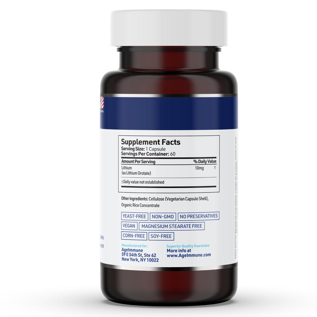 Lithium Orotate 10mg per Capsule - 60 Vegetarian Capsules. Memory and Emotional Wellness Support - Magnesium Stearate Free