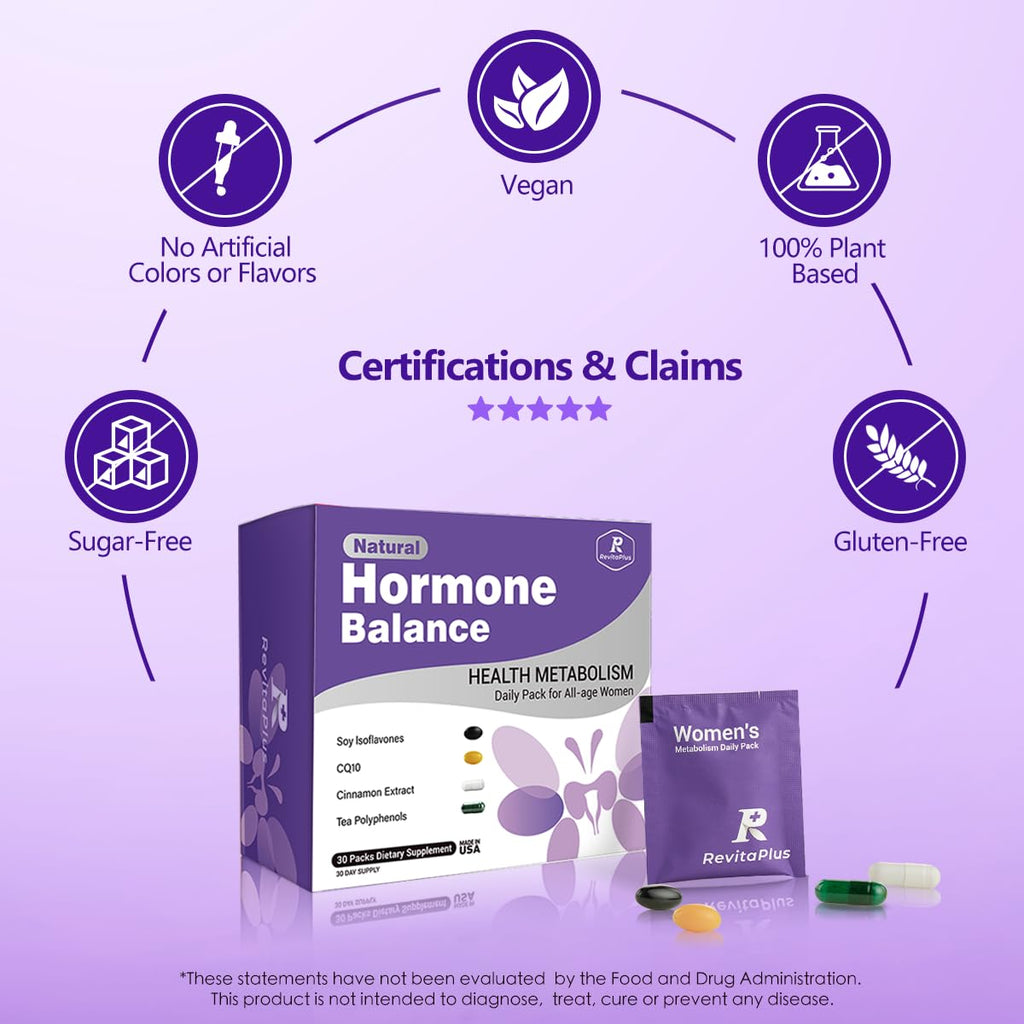 Natural Hormone Balance for Women, Menopause Supplements for Women with Evening Primrose Oil,CoQ10,Soy Isoflavones, Daily Pack Supports Peri+Menopause+Post, PMS,Metabolism,Mood,Energy 30Packs RevitaPlus Au supplements